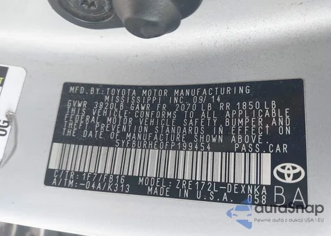 2015 Toyota Corolla Le Plus from USA, damaged, VIN 5YFBURHE0FP199454